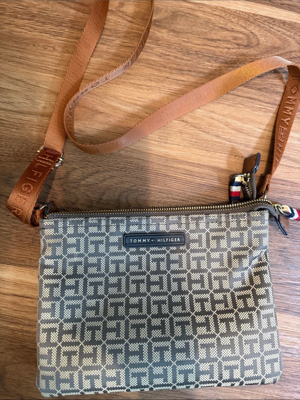 Tommy Hilfiger Beige & Tan Monogram Crossbody Bag